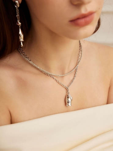 Silver Double Layered Lace Bell Necklace