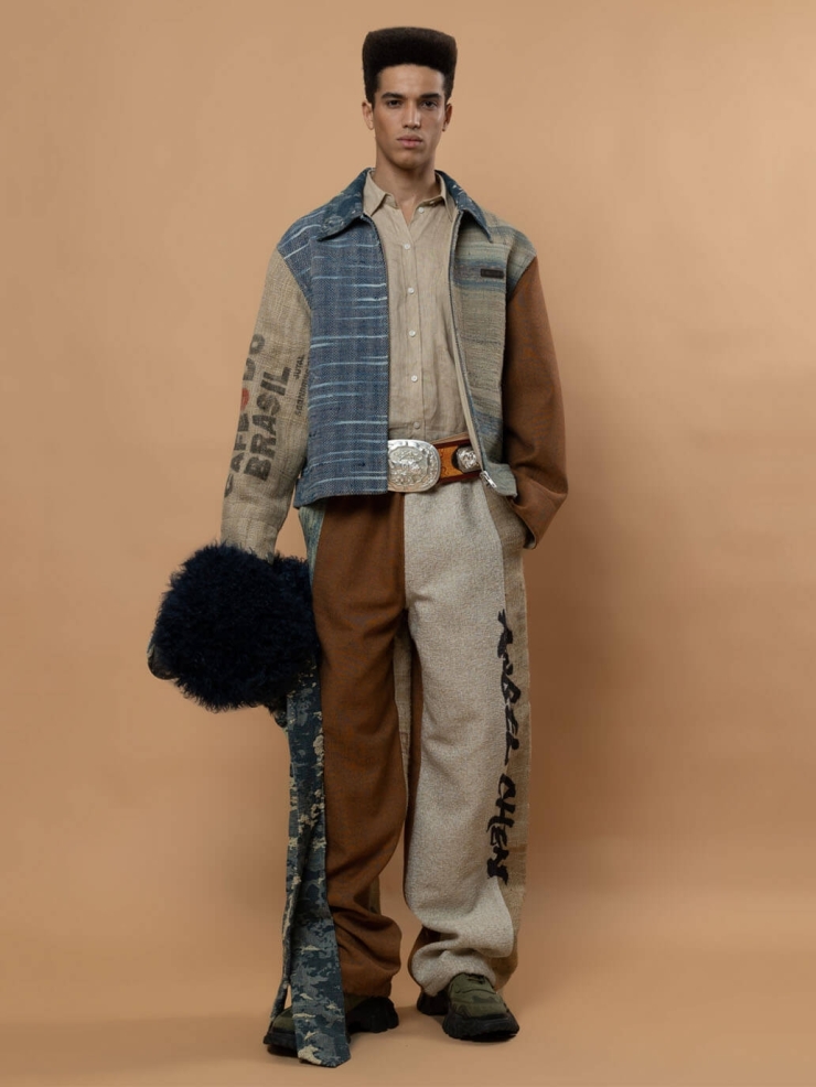 Blue hand woven fabric patched jacket