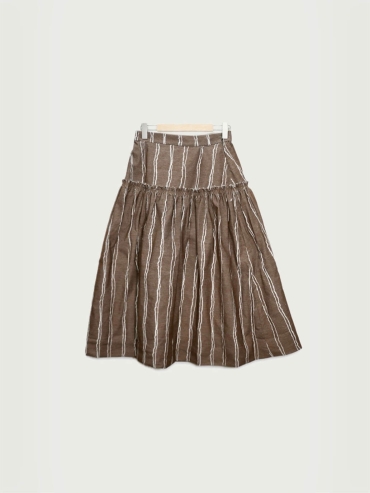 Brown stripes corduroy gathering puff maxi skirt