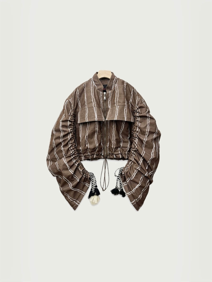 Brown stripes corduroy gathering puff jacket