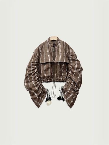 Brown stripes corduroy gathering puff jacket