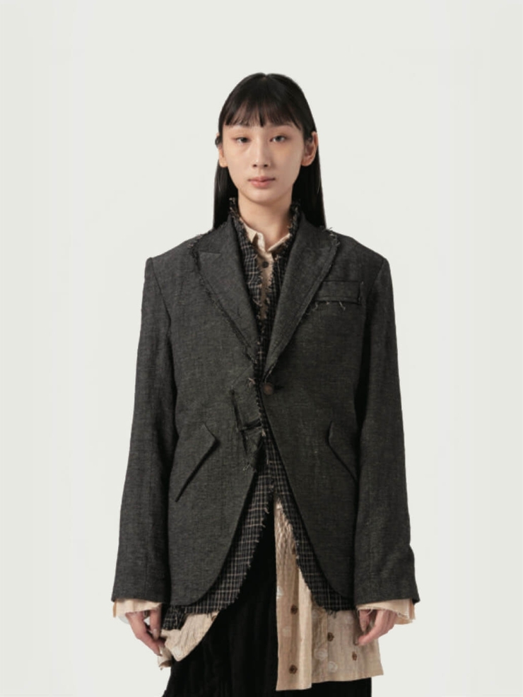 Grey Patch-work Layering Raw Edge Blazer