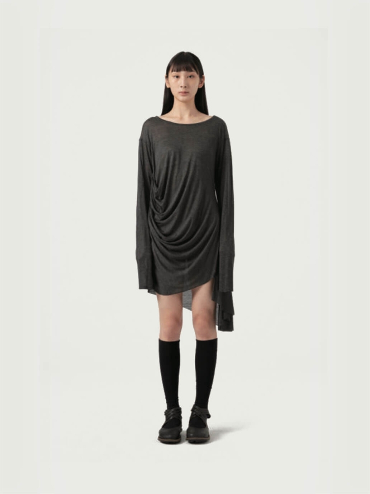 Charcoal Hand Dyed Long Sleeves Asymmetrical T-Shirt