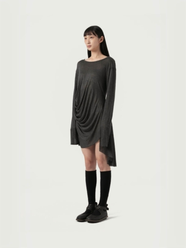 Charcoal Hand Dyed Long Sleeves Asymmetrical T-Shirt