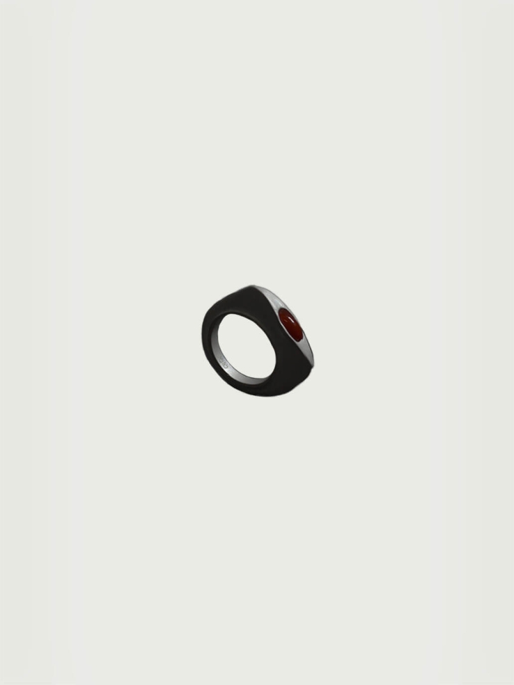 Silver and red wafer amber ring