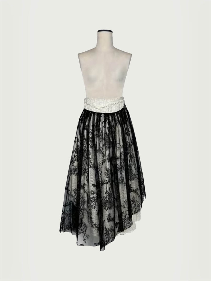 Black and White Colorblocked Hanging Mesh Embroidered Linen Multi-Layered Half Skirt