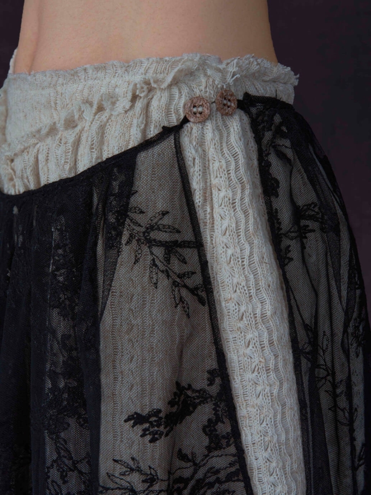 Black and White Colorblocked Hanging Mesh Embroidered Linen Multi-Layered Half Skirt
