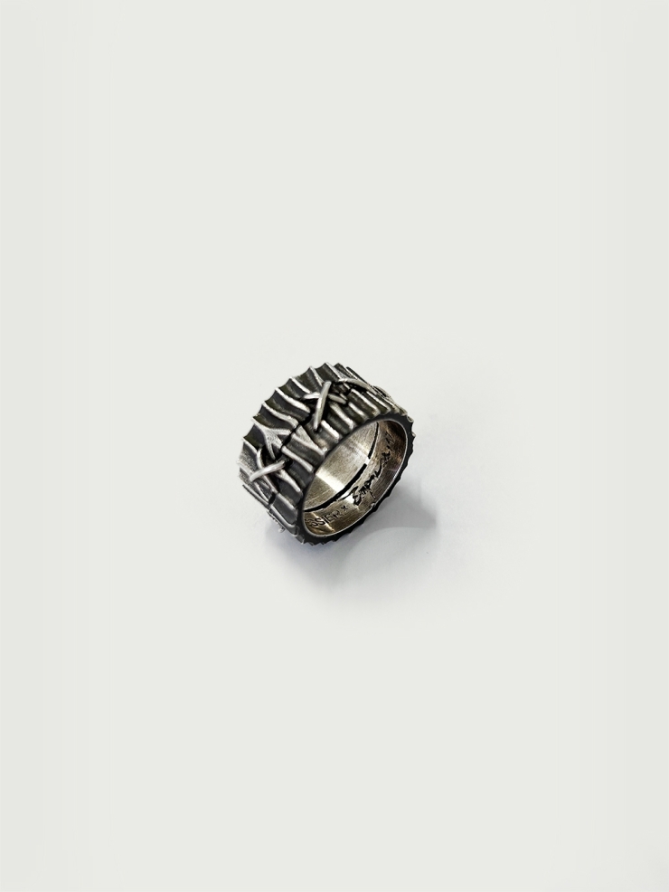 Black stitch silver wide ring