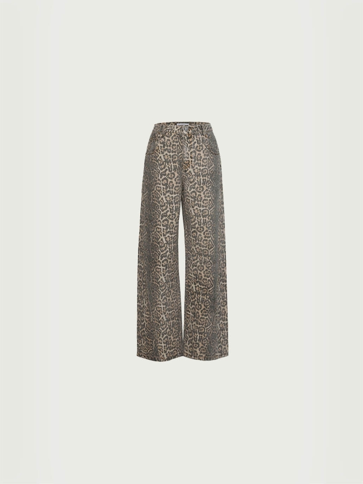Brown Leopard Printing Panelled Loose Jeans