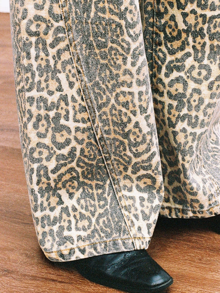 Brown Leopard Printing Panelled Loose Jeans