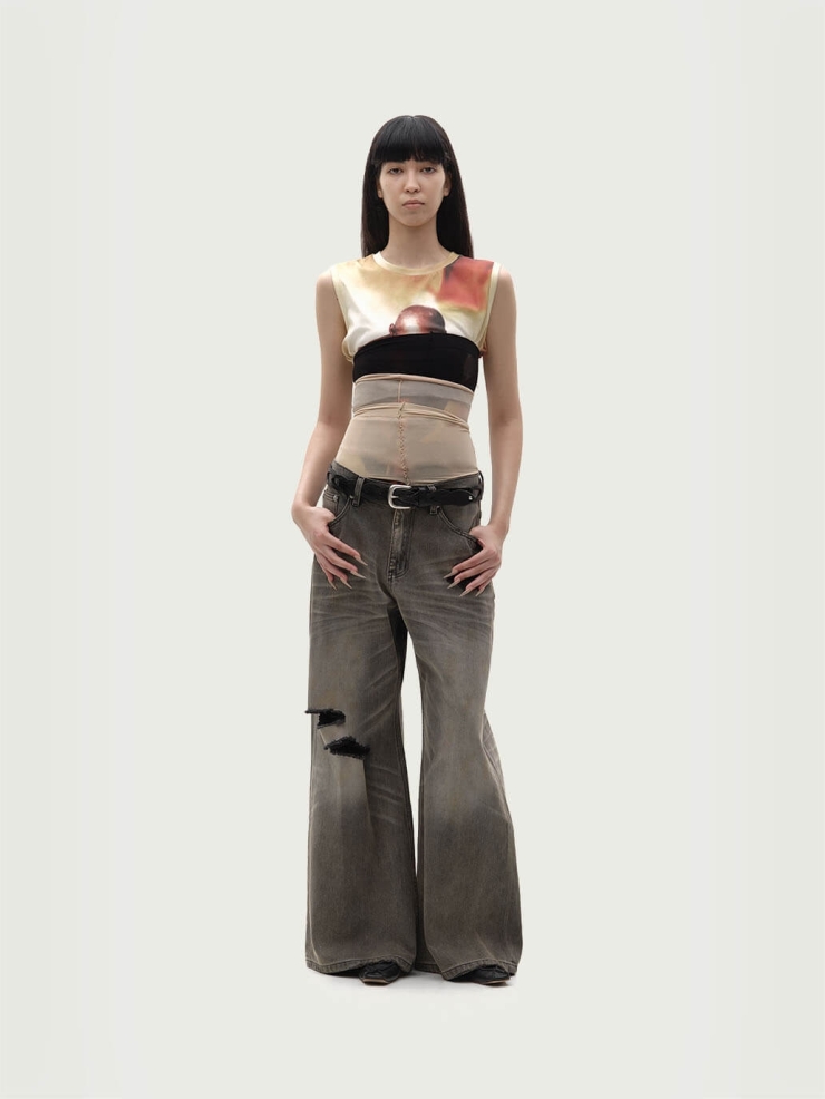 Grey Destruction Flare Loose Jeans