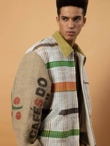 Green hand woven fabric patched jacket