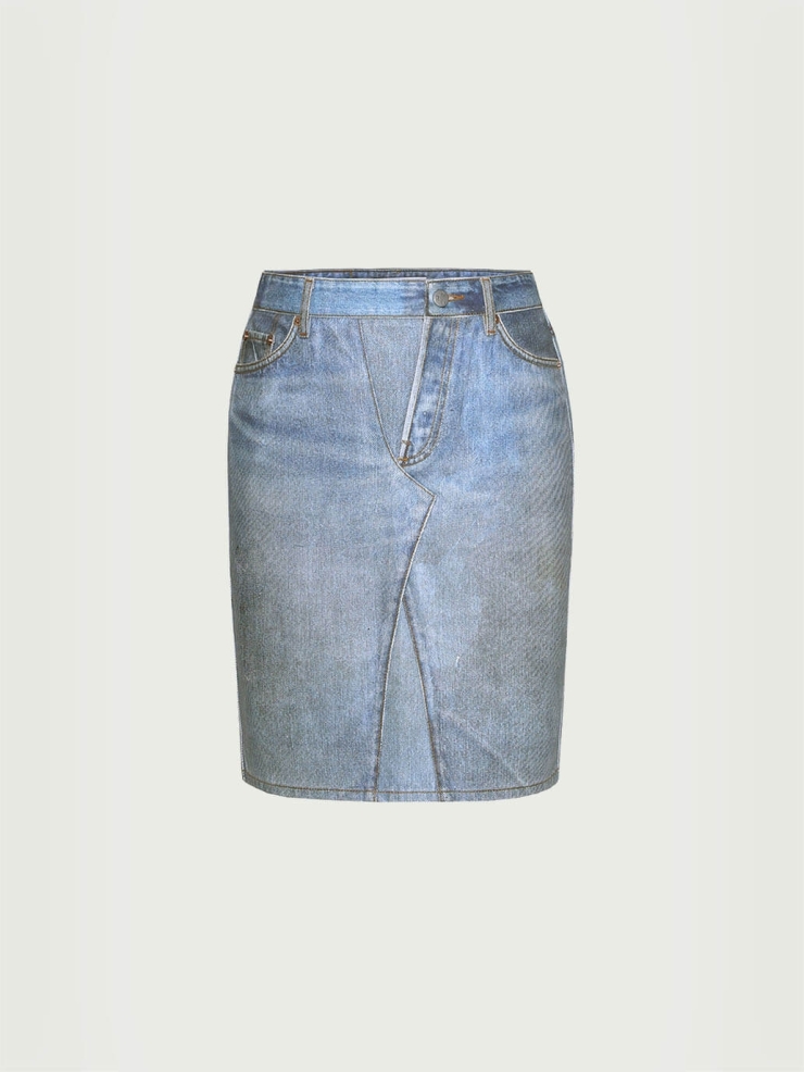 Blue Denim Print Coated Asymmetrical Skirt