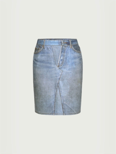 Blue Denim Print Coated Asymmetrical Skirt