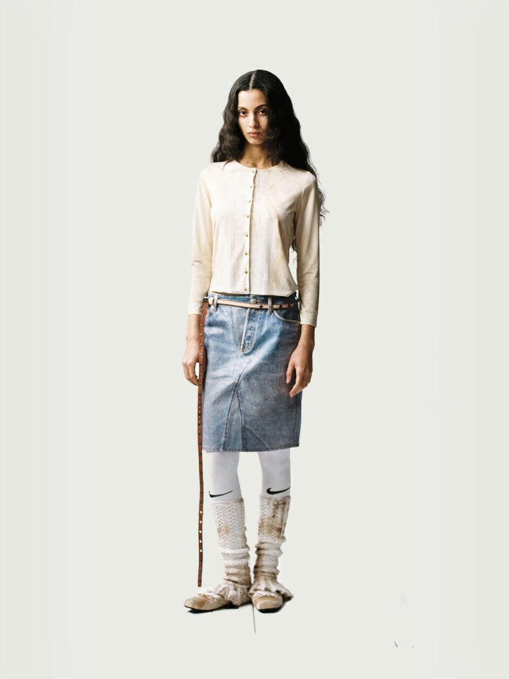 Blue Denim Print Coated Asymmetrical Skirt