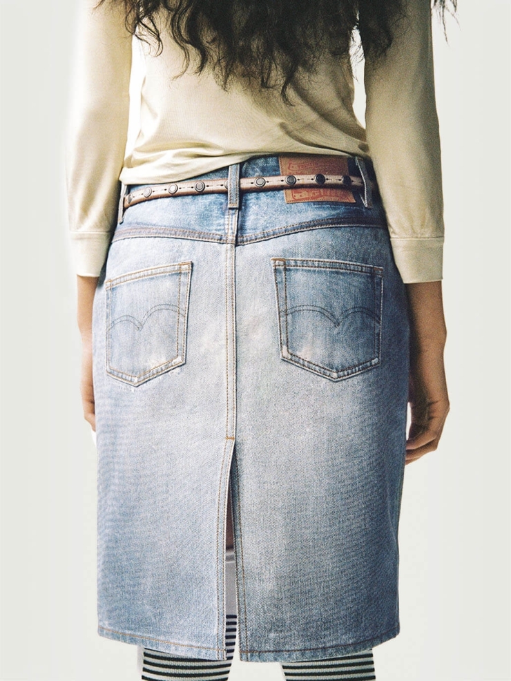 Blue Denim Print Coated Asymmetrical Skirt