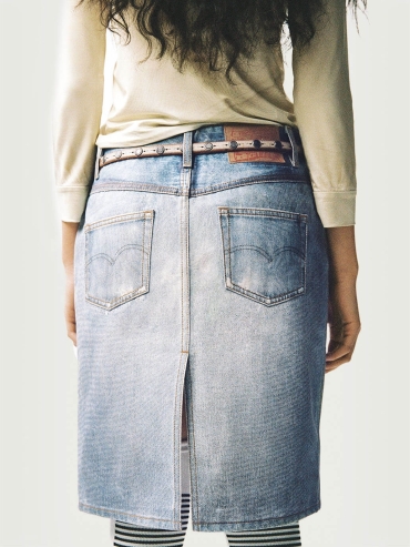 Blue Denim Print Coated Asymmetrical Skirt