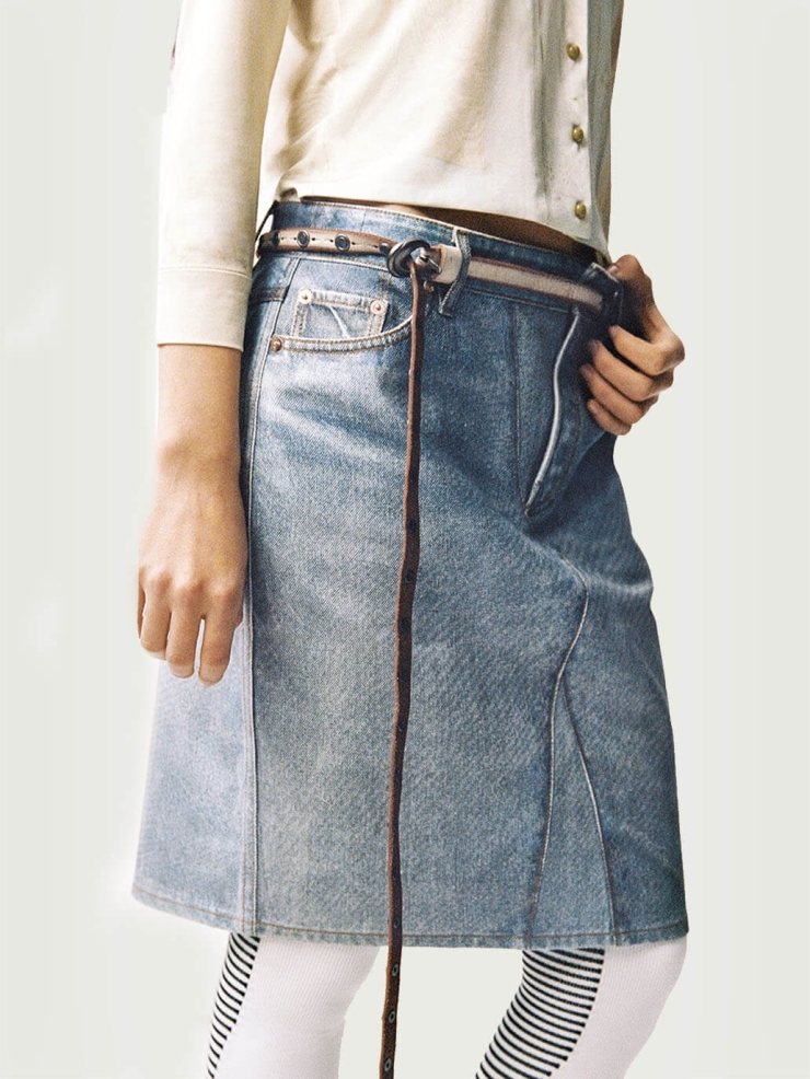 Blue Denim Print Coated Asymmetrical Skirt
