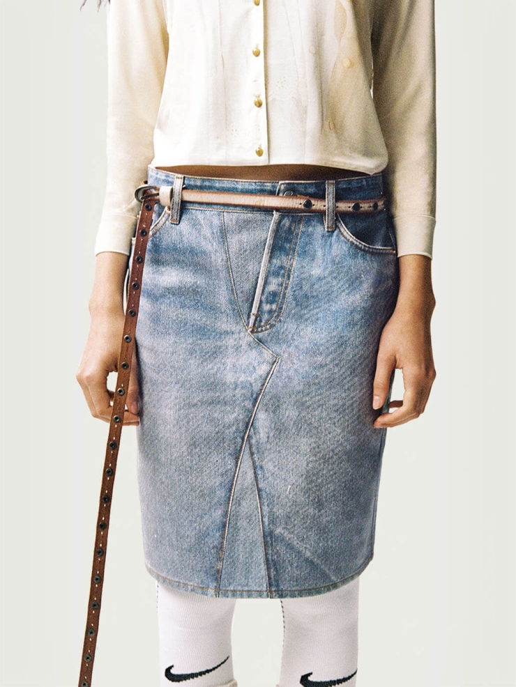 Blue Denim Print Coated Asymmetrical Skirt