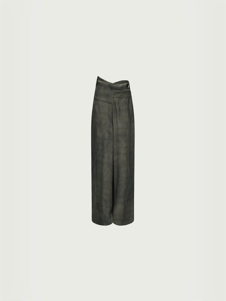 Moss Green Slanted Fly High-Waisted Pants