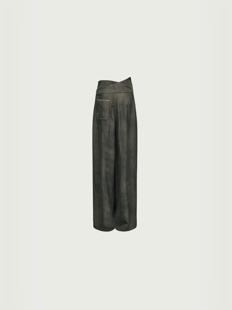 Moss Green Slanted Fly High-Waisted Pants