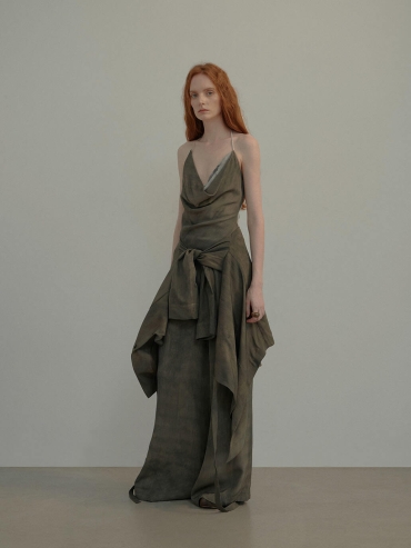 Moss Green Slanted Fly High-Waisted Pants