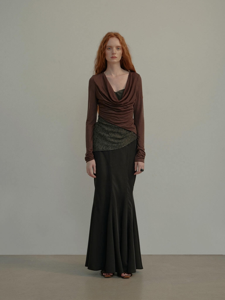 Dark Burgundy Knit Lace Draped Neck Top