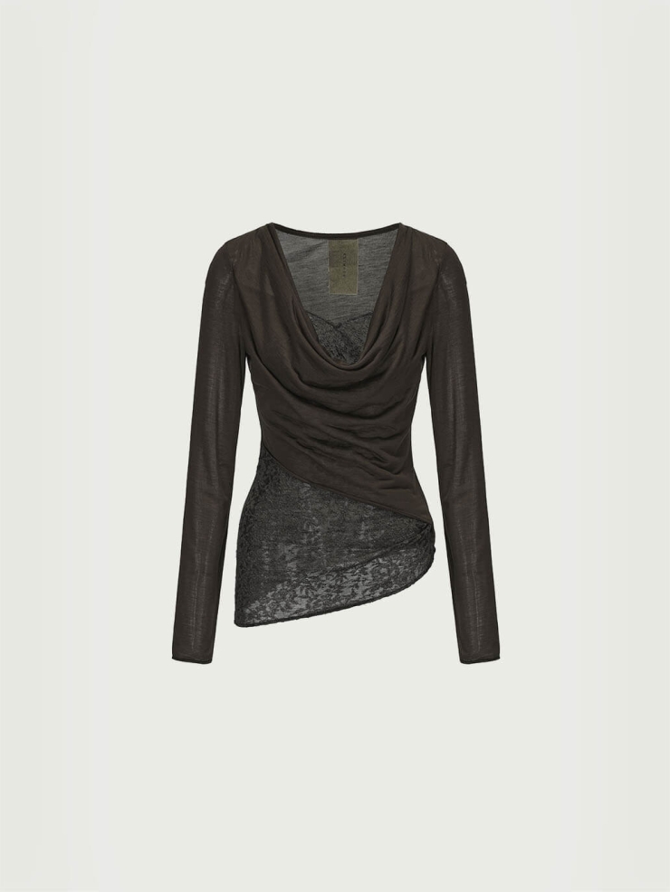 Dark Burgundy Knit Lace Draped Neck Top