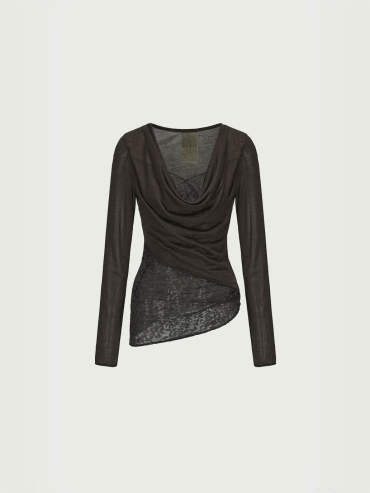 Dark Burgundy Knit Lace Draped Neck Top