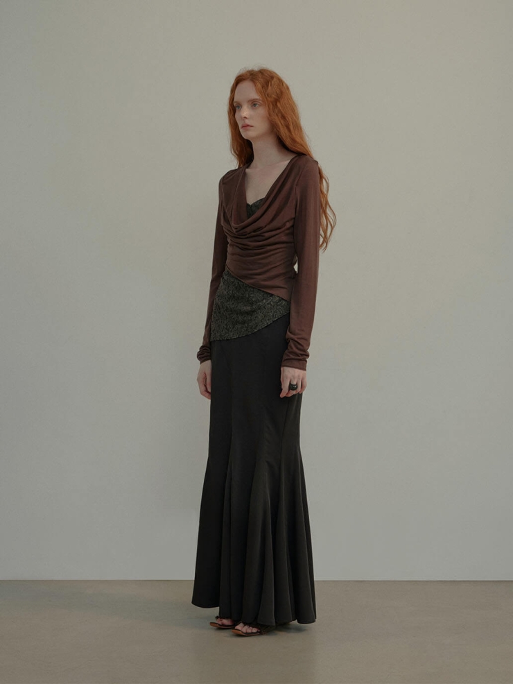 Dark Burgundy Knit Lace Draped Neck Top