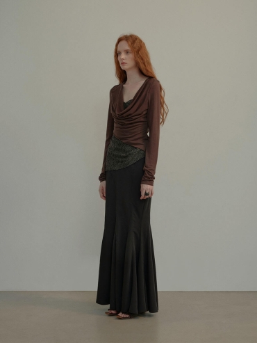 Dark Burgundy Knit Lace Draped Neck Top