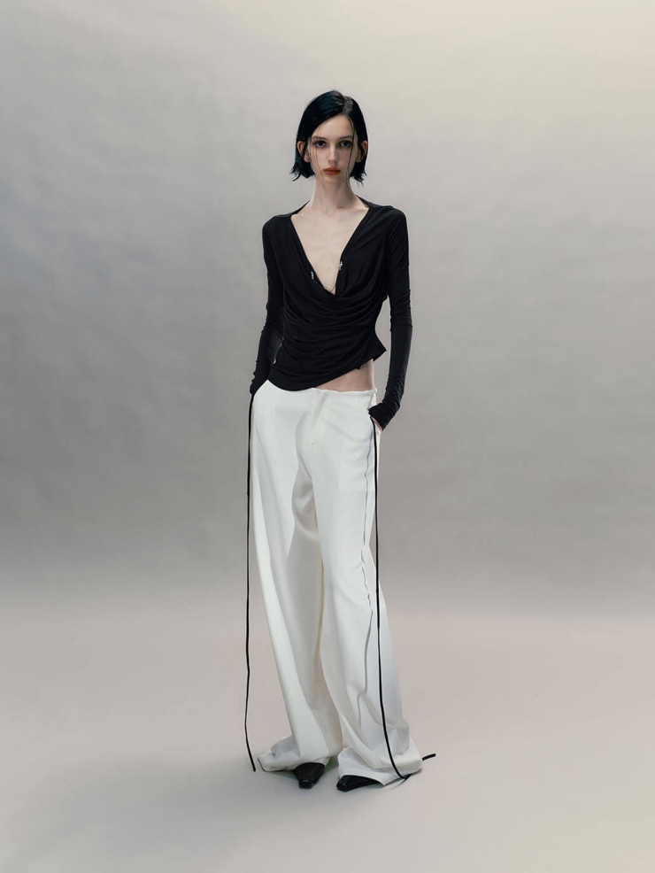 Ink Black Pendant-Adorned Ruched Top