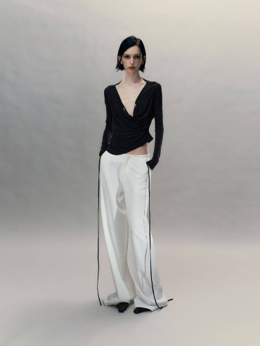 Ink Black Pendant-Adorned Ruched Top