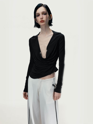 Ink Black Pendant-Adorned Ruched Top