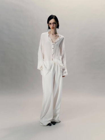 Icy White Pendant-Adorned Silk Shirt