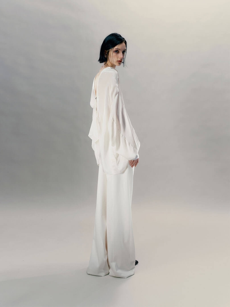 Icy White Pendant-Adorned Silk Shirt