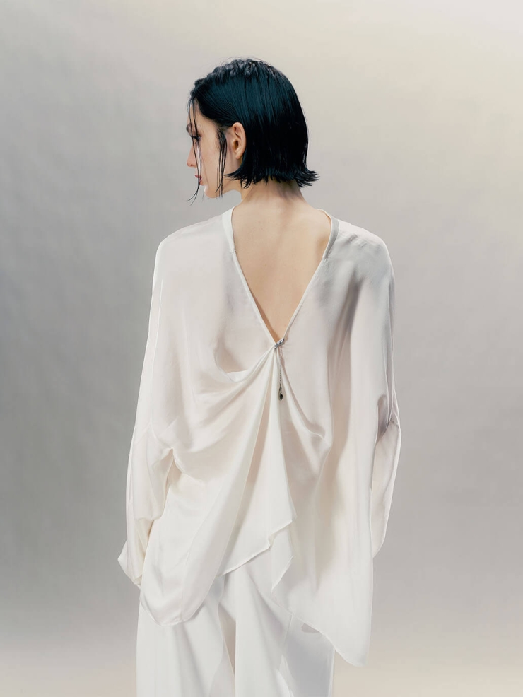 Icy White Pendant-Adorned Silk Shirt