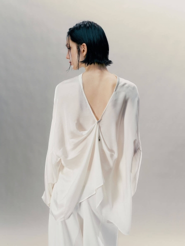 Icy White Pendant-Adorned Silk Shirt