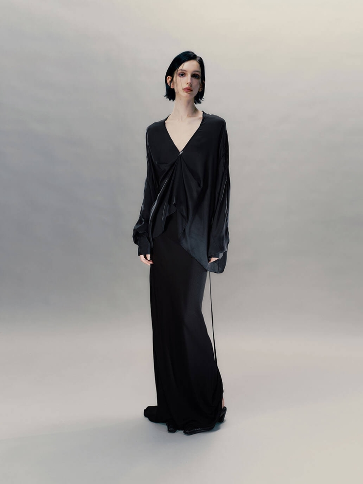 Ink Black Pendant-Adorned Silk Shirt