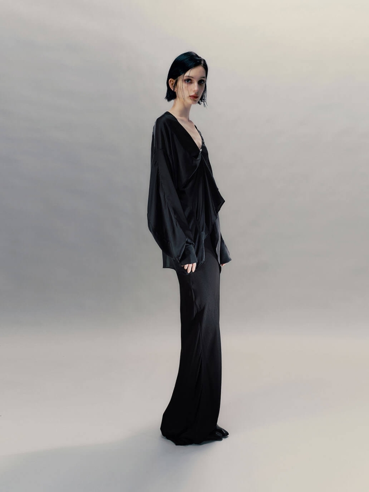 Ink Black Pendant-Adorned Silk Shirt