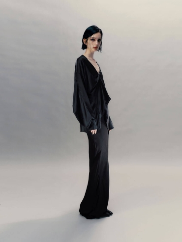 Ink Black Pendant-Adorned Silk Shirt