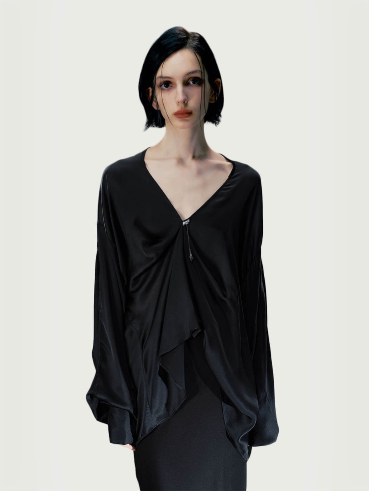 Ink Black Pendant-Adorned Silk Shirt