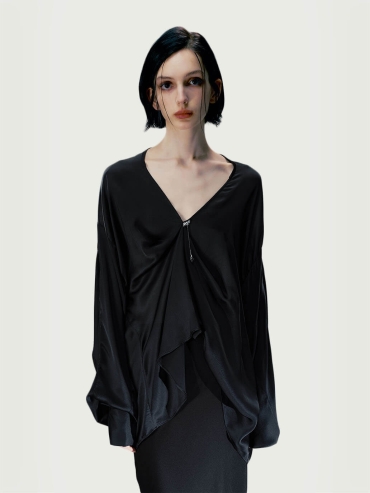 Ink Black Pendant-Adorned Silk Shirt