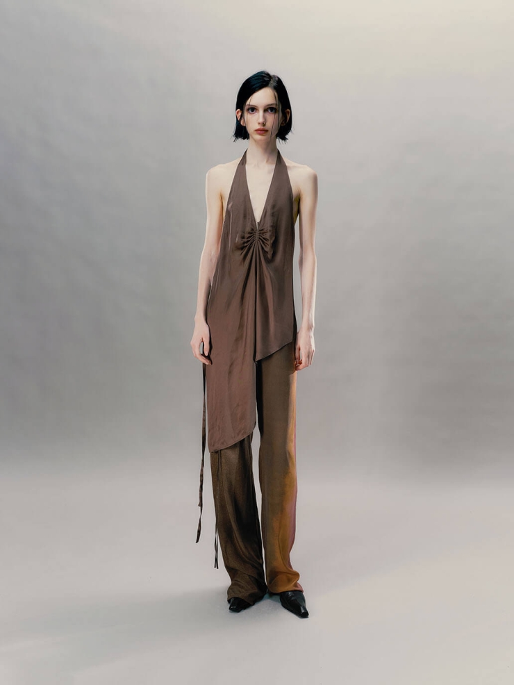 Sand Brown Ruched Deep Backless Top
