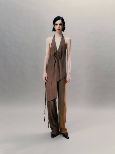 Sand Brown Ruched Deep Backless Top