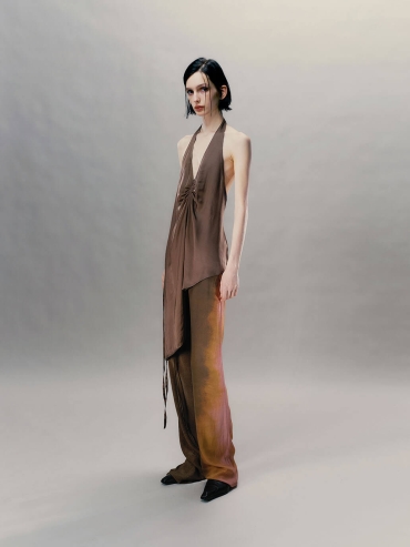 Sand Brown Ruched Deep Backless Top