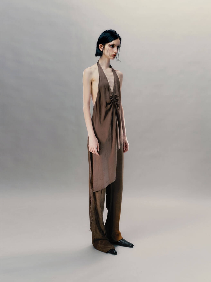 Sand Brown Ruched Deep Backless Top