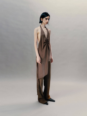 Sand Brown Ruched Deep Backless Top