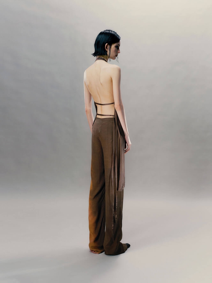 Sand Brown Ruched Deep Backless Top