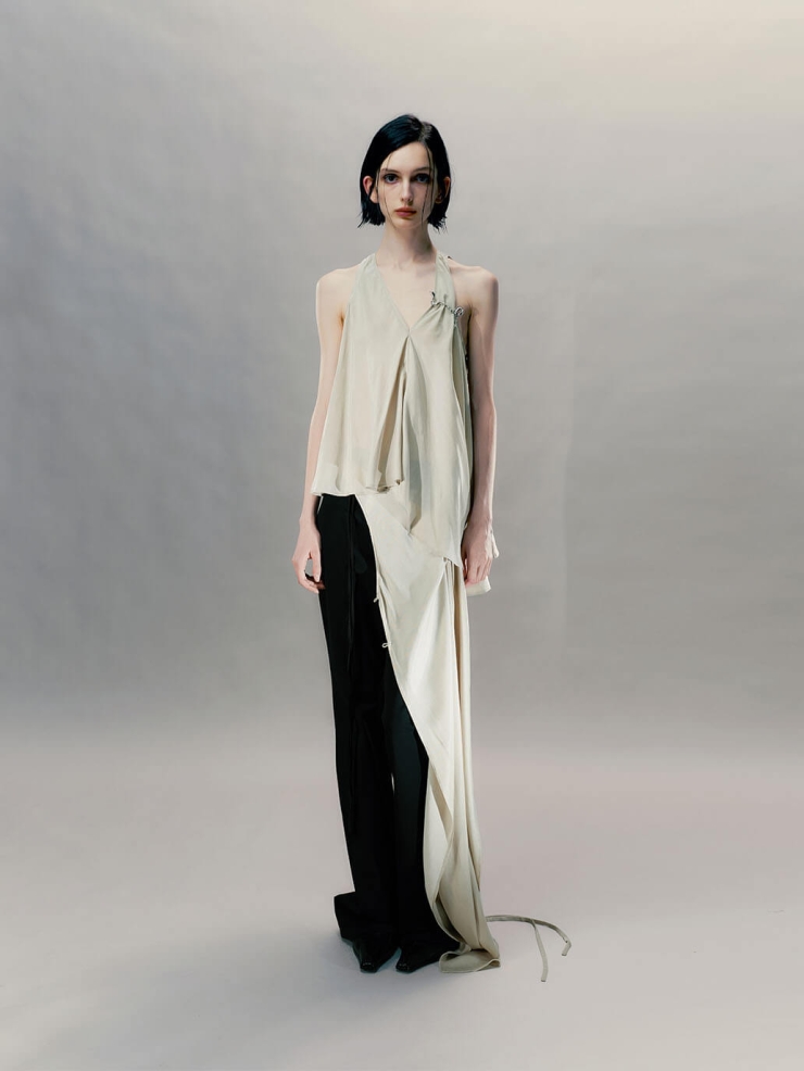 Ash Gray Pendant-Adorned Flared Hem Top